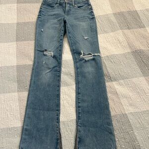 Express Mid Rise light wash skyscraper jeans - ankle side slit flare size 4R